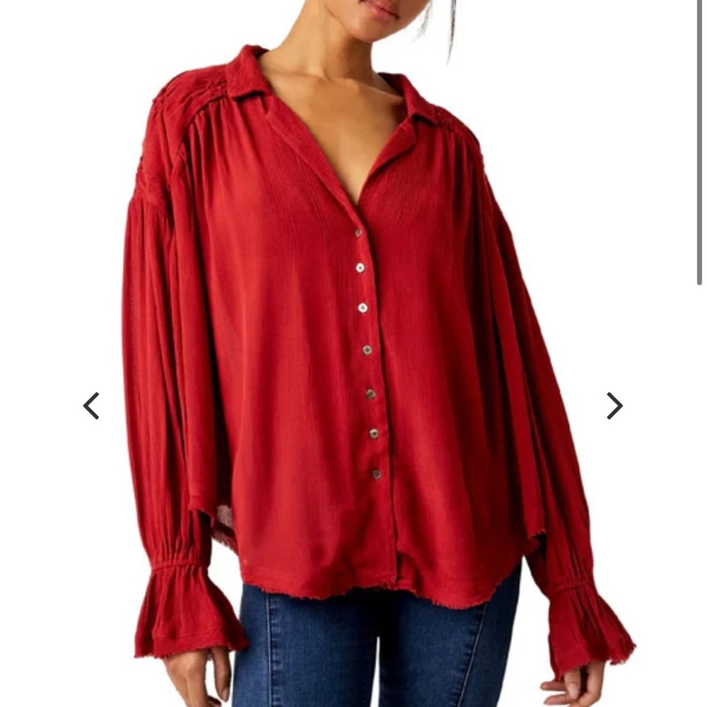 Free People Red Oversized Button up
